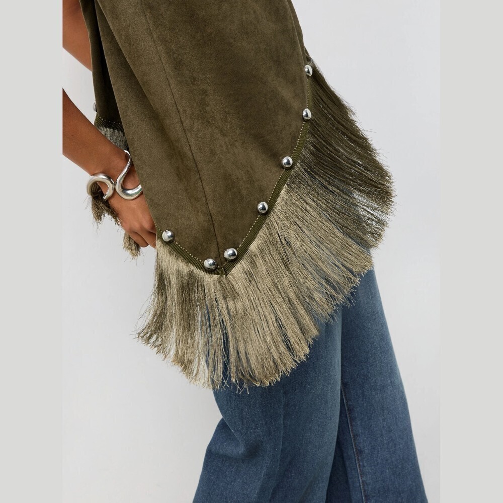 Olive Green Faux Suede Studded Fringe Asymmetrical Top - Picture 5 of 8